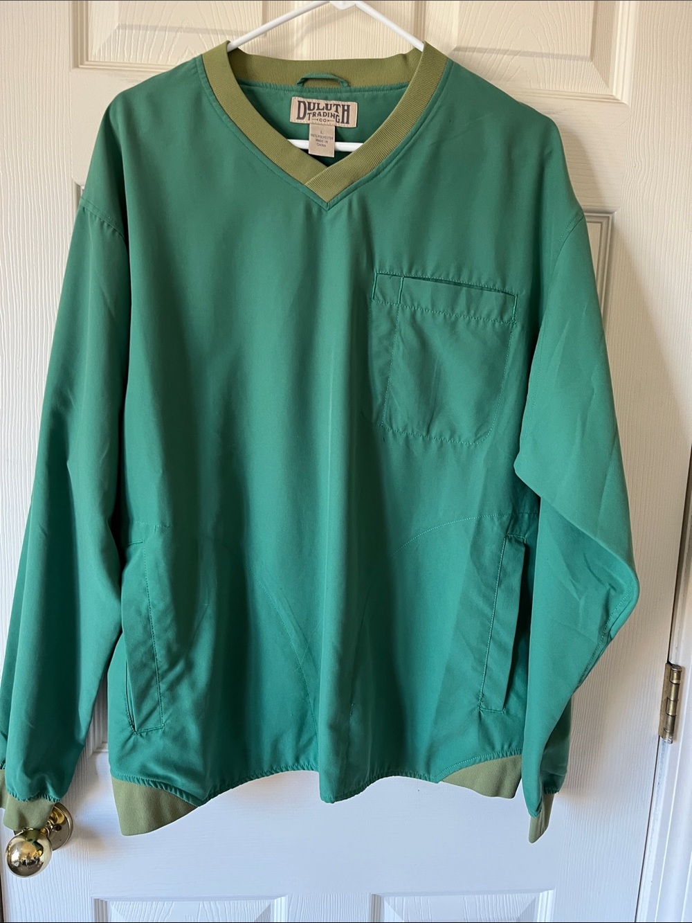 Duluth Trading Co Green V-Neck Pullover with Olive Trim
